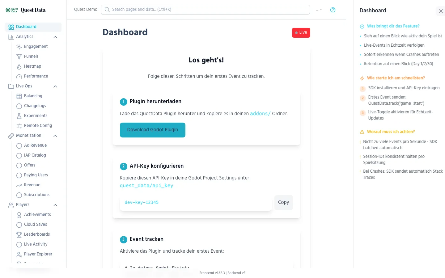 Dashboard Overview with event chart, KPI cards, and live feed