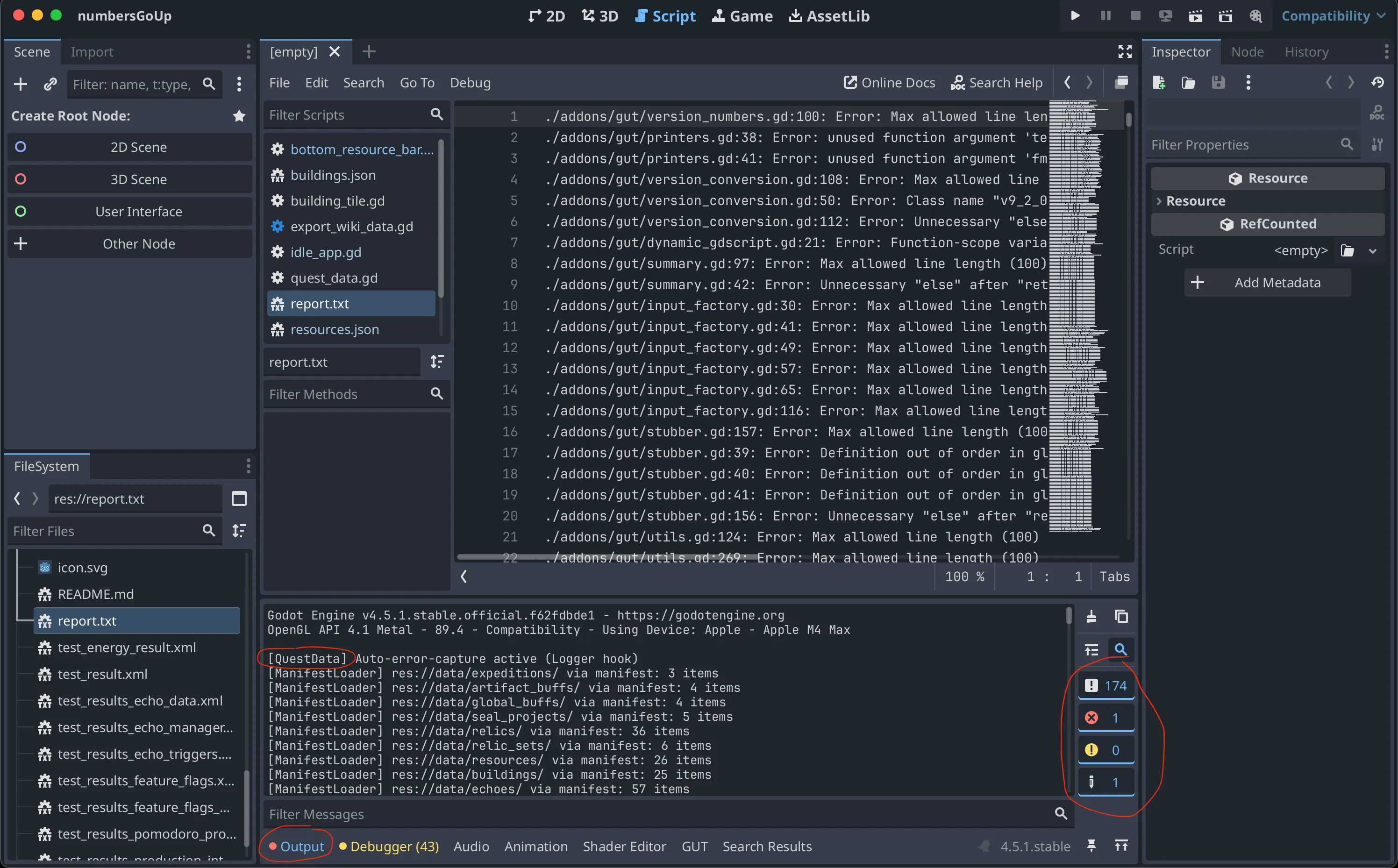 Godot editor with the Output panel open at the bottom and the tab counters (Errors / Warnings / Info) visible on the right edge