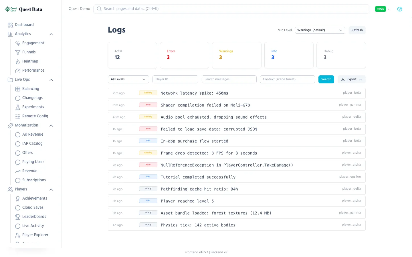 Logs viewer with level filter and search
