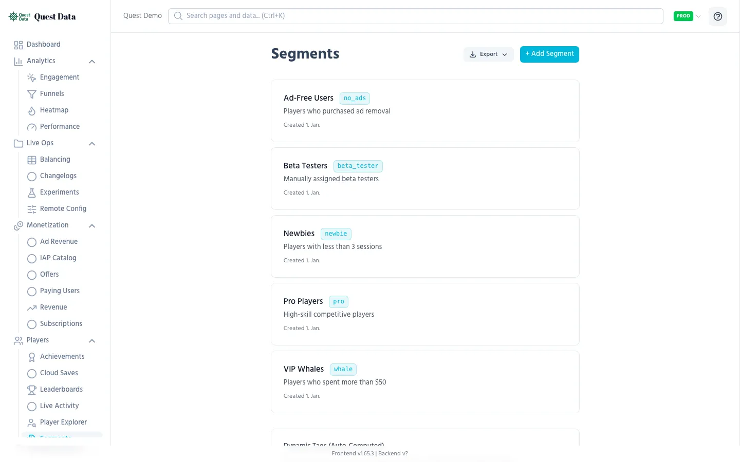 Segments page with player counts per segment